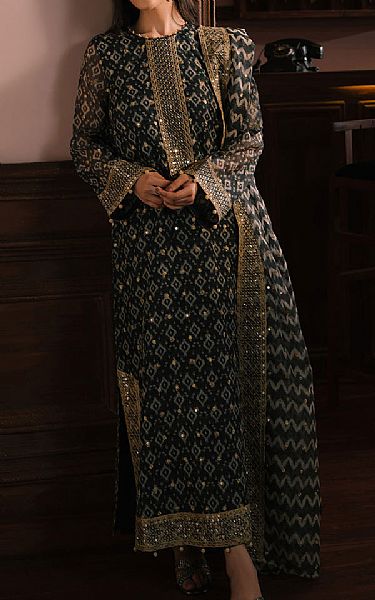 Cross Stitch Teal Silk Suit | Pakistani Embroidered Chiffon Dresses USA- Image 1