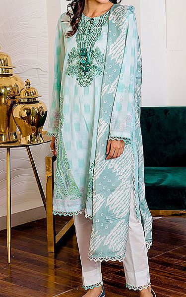 Cross stitch Cyan Cambric Suit | Pakistani Dresses in USA- Image 1