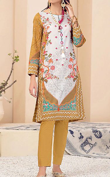 Cross Stitch White/Lion Brown Lawn Kurti | Pakistani Dresses in USA- Image 1