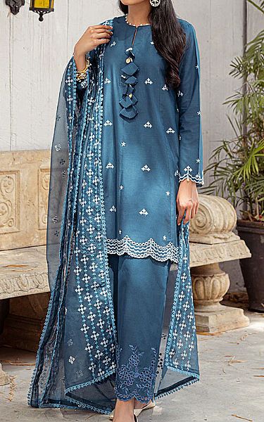 Cross Stitch Teal Blue Lawn Suit | Pakistani Dresses in USA- Image 1