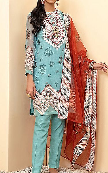 Cross Stitch Light Turquoise Organza Suit | Pakistani Dresses in USA- Image 1