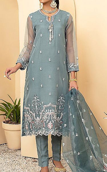 Cross Stitch Sky Blue Organza Suit | Pakistani Dresses in USA- Image 1