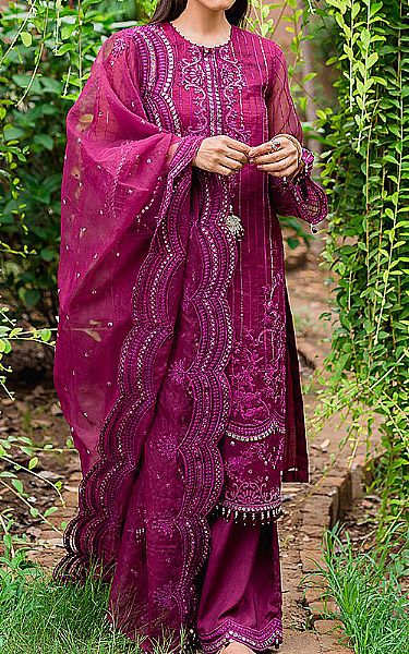 Cross Stitch Egg Plant Organza Suit | Pakistani Dresses in USA- Image 1