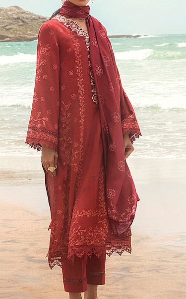 Cross Stitch Auburn Red Cotton Suit | Pakistani Winter Dresses- Image 1