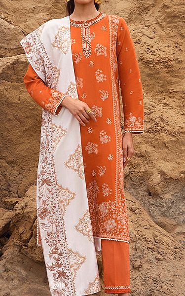Cross Stitch Orange Cotton Suit | Pakistani Winter Dresses- Image 1