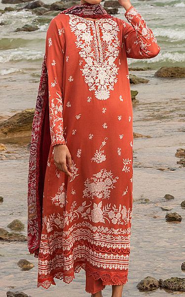 Cross Stitch Safety Orange Cotton Suit | Pakistani Winter Dresses- Image 1