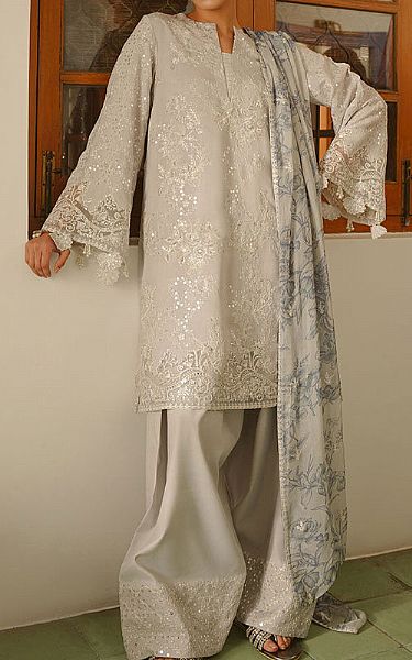 Cross Stitch Light Grey Silk Suit | Pakistani Embroidered Chiffon Dresses USA- Image 1