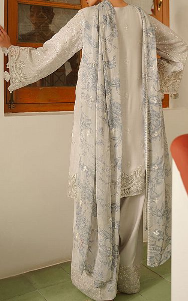 Cross Stitch Light Grey Silk Suit | Pakistani Embroidered Chiffon Dresses USA- Image 2