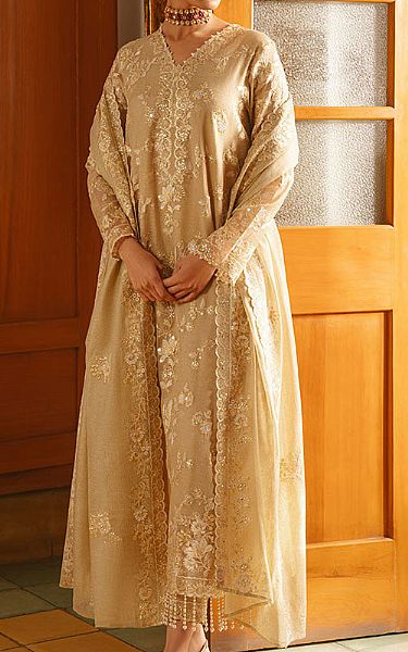 Cross Stitch Sand Gold Tissue Suit | Pakistani Embroidered Chiffon Dresses USA- Image 1