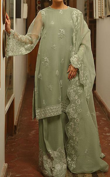 Cross Stitch Pistachio Green Organza Suit | Pakistani Embroidered Chiffon Dresses USA- Image 1