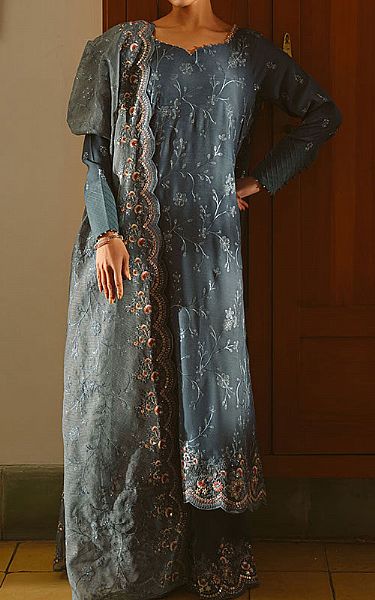 Cross Stitch Teal Grey Silk Suit | Pakistani Embroidered Chiffon Dresses USA- Image 1