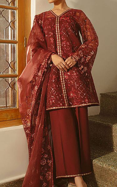 Cross Stitch Auburn Red Organza Suit | Pakistani Embroidered Chiffon Dresses USA- Image 1