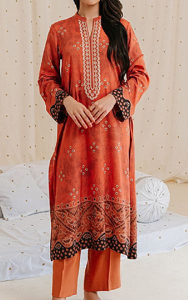 Cross Stitch Orange Linen Suit (2 Pcs) | Pakistani Winter Dresses- Image 1