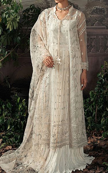 Cross Stitch Ivory Organza Suit | Pakistani Embroidered Chiffon Dresses- Image 1