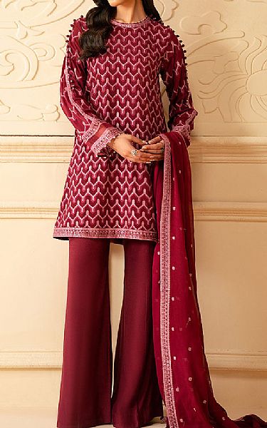 Cross Stitch Wine Red Chiffon Suit | Pakistani Embroidered Chiffon Dresses USA- Image 1