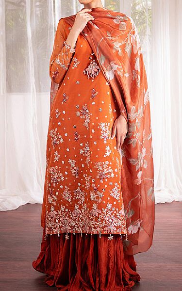 Cross Stitch Halloween Orange Organza Suit | Pakistani Embroidered Chiffon Dresses USA- Image 1