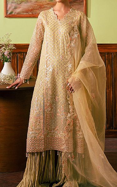 Cross Stitch Gold Organza Suit | Pakistani Embroidered Chiffon Dresses USA- Image 1