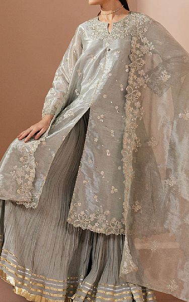 Cross Stitch Grey Silk Suit | Pakistani Embroidered Chiffon Dresses USA- Image 1