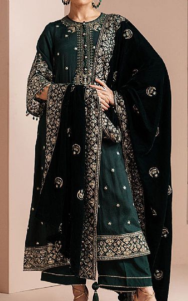Cross Stitch Green Silk Suit | Pakistani Embroidered Chiffon Dresses USA- Image 1