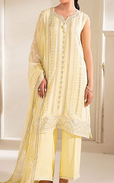 Cross Stitch Pale Yellow Chiffon Suit | Pakistani Embroidered Chiffon Dresses USA- Image 1