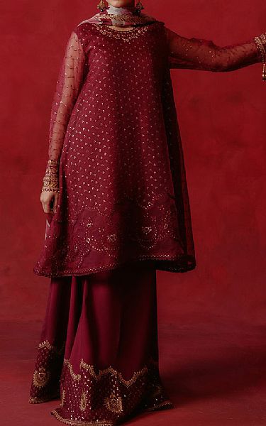 Cross Stitch Maroon Organza Suit | Pakistani Embroidered Chiffon Dresses- Image 1