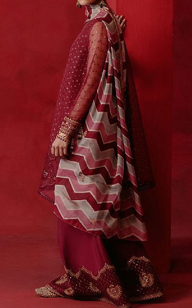 Cross Stitch Maroon Organza Suit | Pakistani Embroidered Chiffon Dresses- Image 2