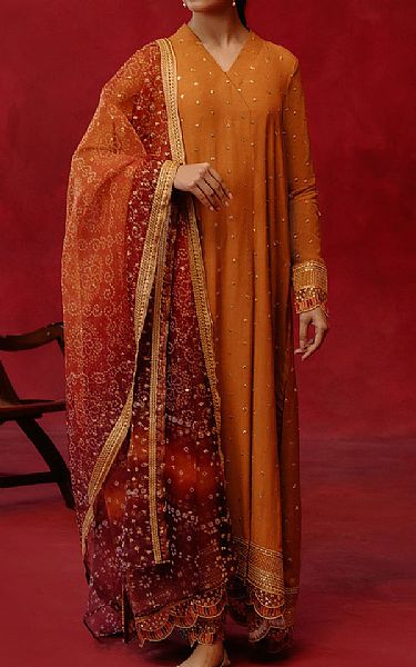 Cross Stitch Rust Silk Suit | Pakistani Embroidered Chiffon Dresses- Image 1