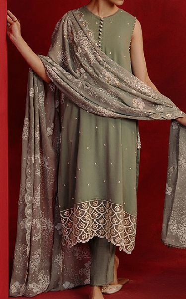 Cross Stitch Limed Ash Chiffon Suit | Pakistani Embroidered Chiffon Dresses- Image 1
