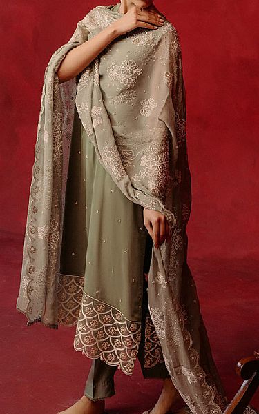 Cross Stitch Limed Ash Chiffon Suit | Pakistani Embroidered Chiffon Dresses- Image 2