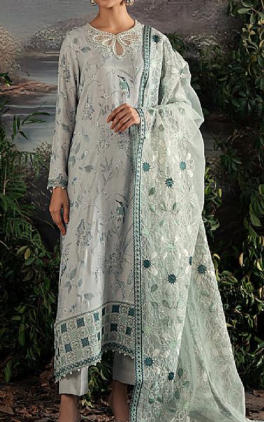 Cross Stitch Silver Silk Suit | Pakistani Embroidered Chiffon Dresses- Image 1