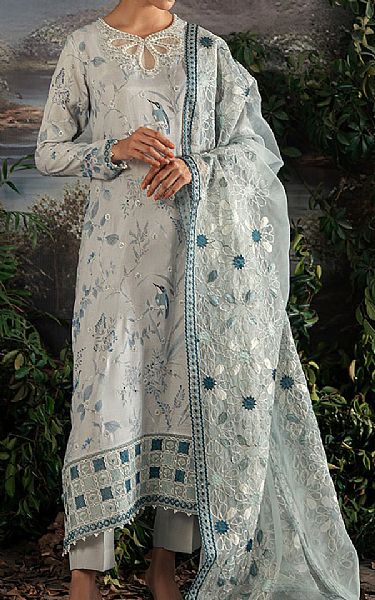 Cross Stitch Silver Silk Suit | Pakistani Embroidered Chiffon Dresses- Image 2
