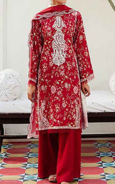 Cross Stitch Red Linen Suit | Pakistani Winter Dresses- Image 1