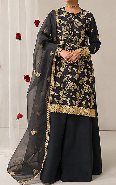 Cross Stitch Black Silk Suit | Pakistani Embroidered Chiffon Dresses- Image 1