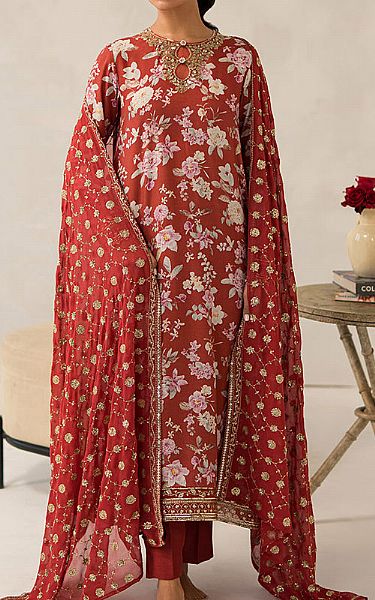 Cross Stitch Auburn Red Silk Suit | Pakistani Embroidered Chiffon Dresses- Image 1
