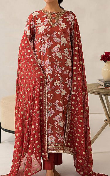 Cross Stitch Auburn Red Silk Suit | Pakistani Embroidered Chiffon Dresses USA- Image 1