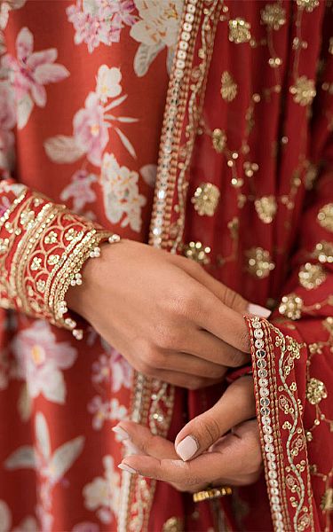 Cross Stitch Auburn Red Silk Suit | Pakistani Embroidered Chiffon Dresses- Image 2