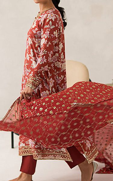 Cross Stitch Auburn Red Silk Suit | Pakistani Embroidered Chiffon Dresses USA- Image 3