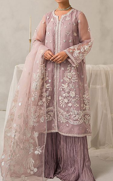 Cross Stitch Mauve Organza Suit | Pakistani Embroidered Chiffon Dresses- Image 1