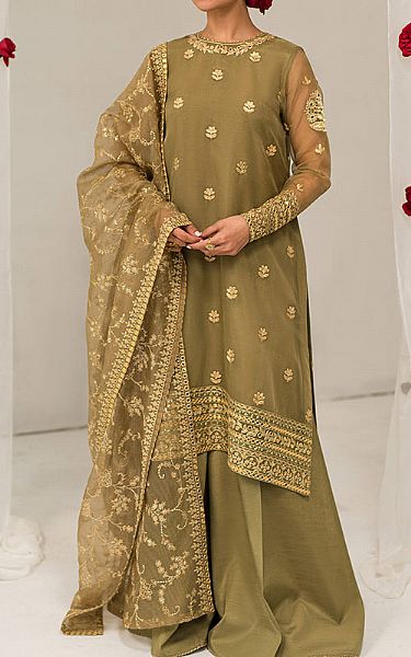Cross Stitch Olive Green Organza Suit | Pakistani Embroidered Chiffon Dresses- Image 1