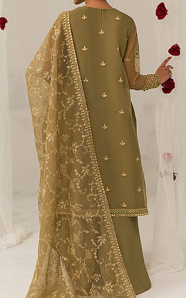 Cross Stitch Olive Green Organza Suit | Pakistani Embroidered Chiffon Dresses- Image 3