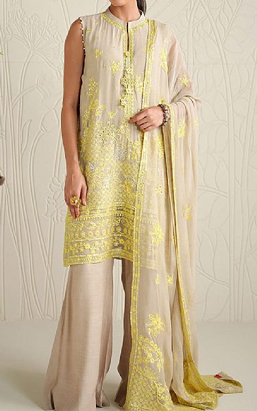 Cross Stitch Beige/Yellow Chiffon Suit | Pakistani Embroidered Chiffon Dresses USA- Image 1