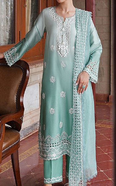 Cross Stitch Shadow Green Cotton Satin Suit | Pakistani Winter Dresses in USA- Image 1