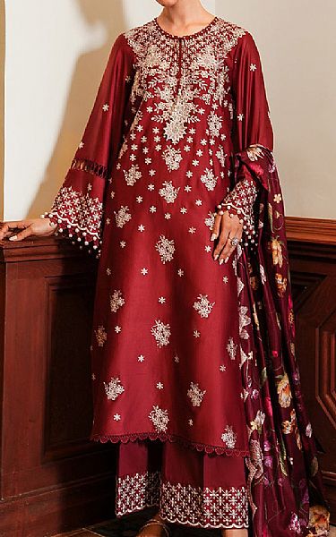 Cross Stitch Maroon Cotton Satin Suit | Pakistani Winter Dresses in USA- Image 1