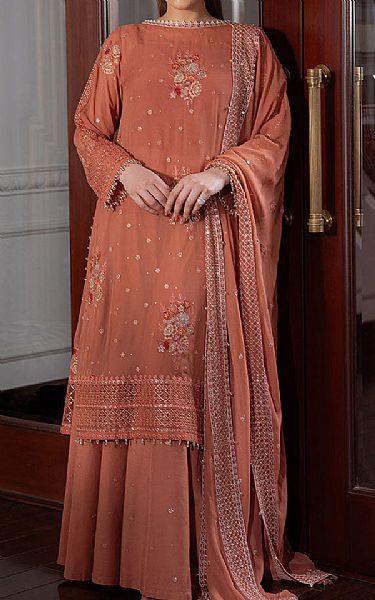 Cross Stitch Orange Salmon Chiffon Suit | Pakistani Embroidered Chiffon Dresses USA- Image 1