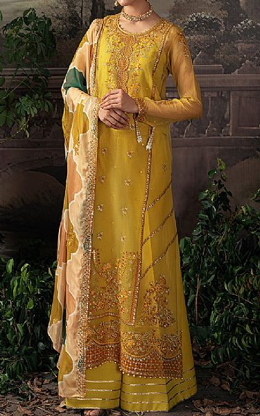 Cross Stitch Mustard Organza Suit | Pakistani Embroidered Chiffon Dresses- Image 1