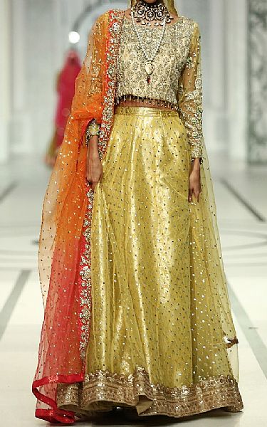  Golden Organza Net Suit | Pakistani Wedding Dresses- Image 1