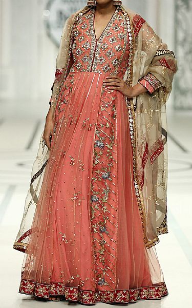  Coral Organza Suit | Pakistani Wedding Dresses- Image 1