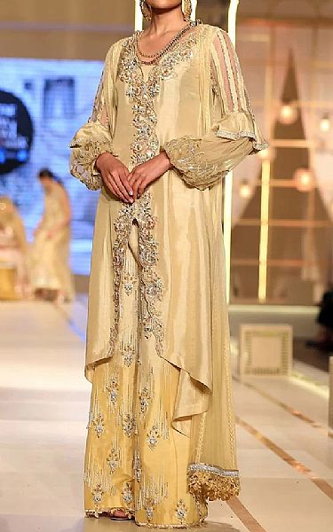  Light Goden Tissue Silk Suit | Pakistani Party Wear Dresses- Image 1