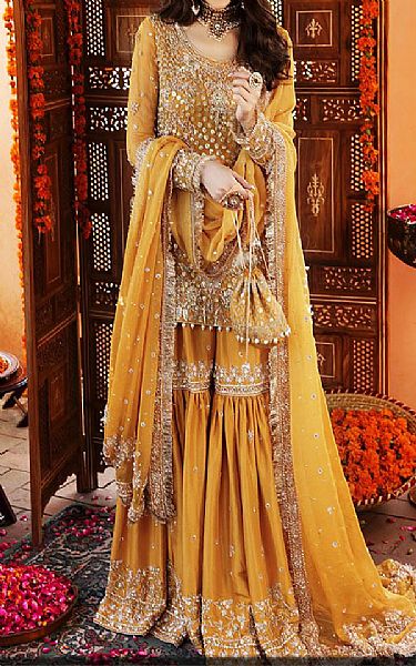  Mustard Chiffon Suit | Pakistani Wedding Dresses- Image 1