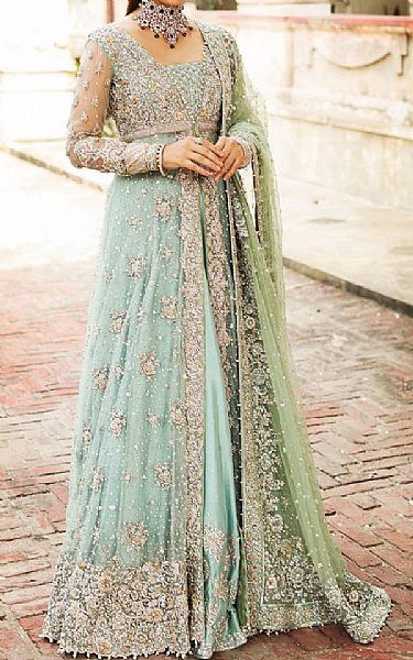  Light Turquoise Chiffon Suit | Pakistani Wedding Dresses- Image 1